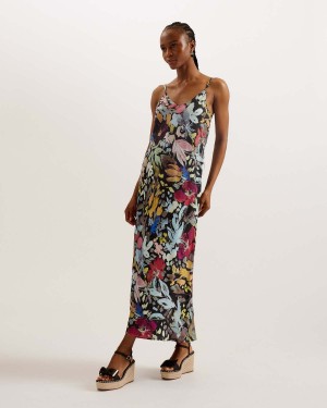 Ted Baker ADAMELA Double Layer Slip Midi Sukienki Czarne | 47BMNXKZV