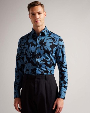 Ted Baker ALTLO LS Floral Print Shirt Mid-blue | 36BJKRLUD