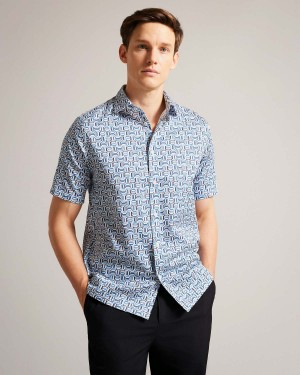 Ted Baker ASTUN SS Bawełniane Stretch Geo Shirt Niebieskie | 09DYLCOXV