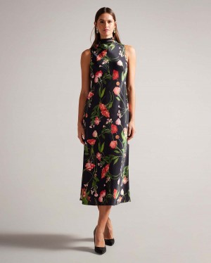 Ted Baker CONNIHH Cowl Neck Midi Slip Sukienki Czarne | 03FAPVUMB