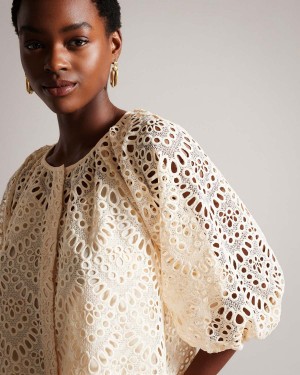 Ted Baker ELARAA Crochet Puff Sleeve Blouse Białe | 92WZSPGCB