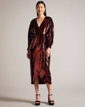 Ted Baker EMALEEE Plunge Neck Sequin Midi Sukienki Wine | 38JZOQLMN