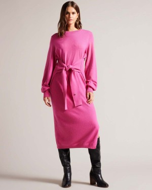 Ted Baker ESSYA Slouchy Tie Front Midi Knit Sukienki Brt-pink | 73PULAXOR