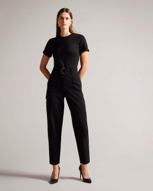 Ted Baker GRACIEJ High Waisted Belted Tapered Cargo Jumpsuit Czarne | 74MOSPWQN