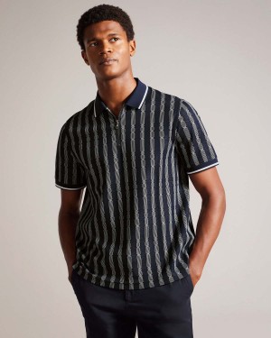 Ted Baker ICKEN SS Regular Cable Jacquard Zip Polo Granatowe | 80WJXVKAG