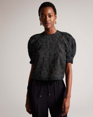 Ted Baker INGRIID Boxy Puffed Sleeve Top Czarne | 38LYEKQAW