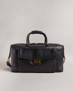 Ted Baker KALSIN Trunk Lock Skórzane Duffle Bag Czarne | 56XRJMONA