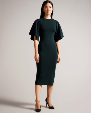 Ted Baker LOUNIA Fluted Sleeve Trykotowy Bodycon Midi Sukienki Ciemny Zielone | 67JAHWGPC