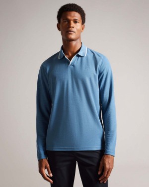 Ted Baker MASTE LS Regular Open Collar Polo Mid-blue | 10RAVFWHQ