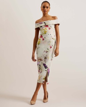 Ted Baker MERREEN Scuba Floral Midi Sukienki Białe | 59TLDPUJH