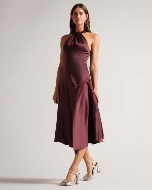 Ted Baker RENON Twist Neck Midi Sukienki Fioletowe | 12OPGRWAN