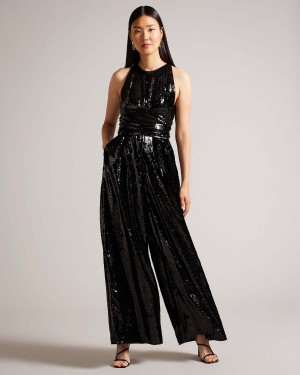 Ted Baker VIVALEE Szerokie Leg Sequin Jumpsuit Czarne | 29XPLMFVQ