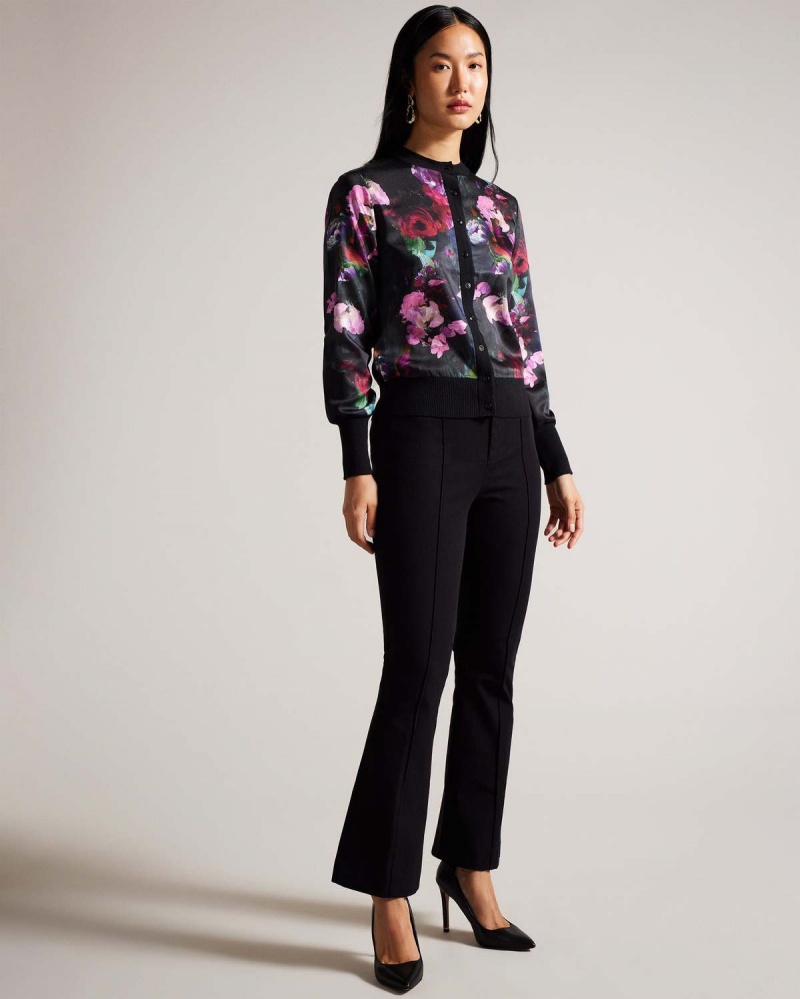 Ted Baker ABBALEE Printed Woven Front Cardigan Czarne | 34MZEWJHG