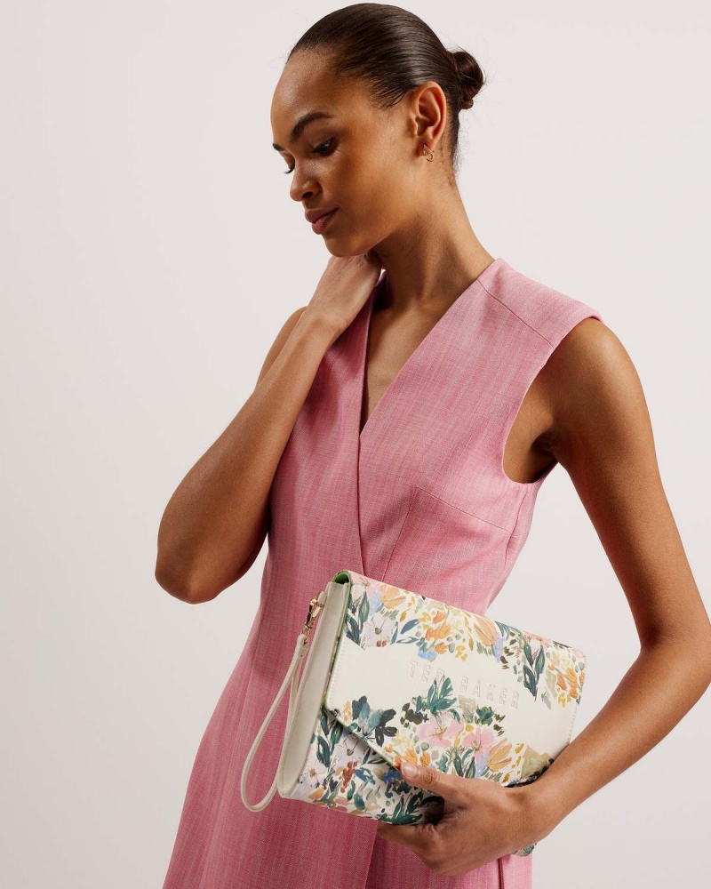 Ted Baker ABBBI Floral Printed Envelope Clutch Kremowe | 70BLTPSRH