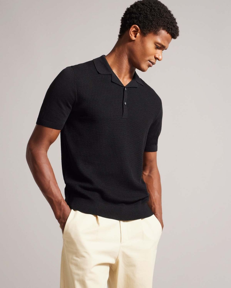 Ted Baker ADIO SS Textured Front Polo Czarne | 80QMHGJOB