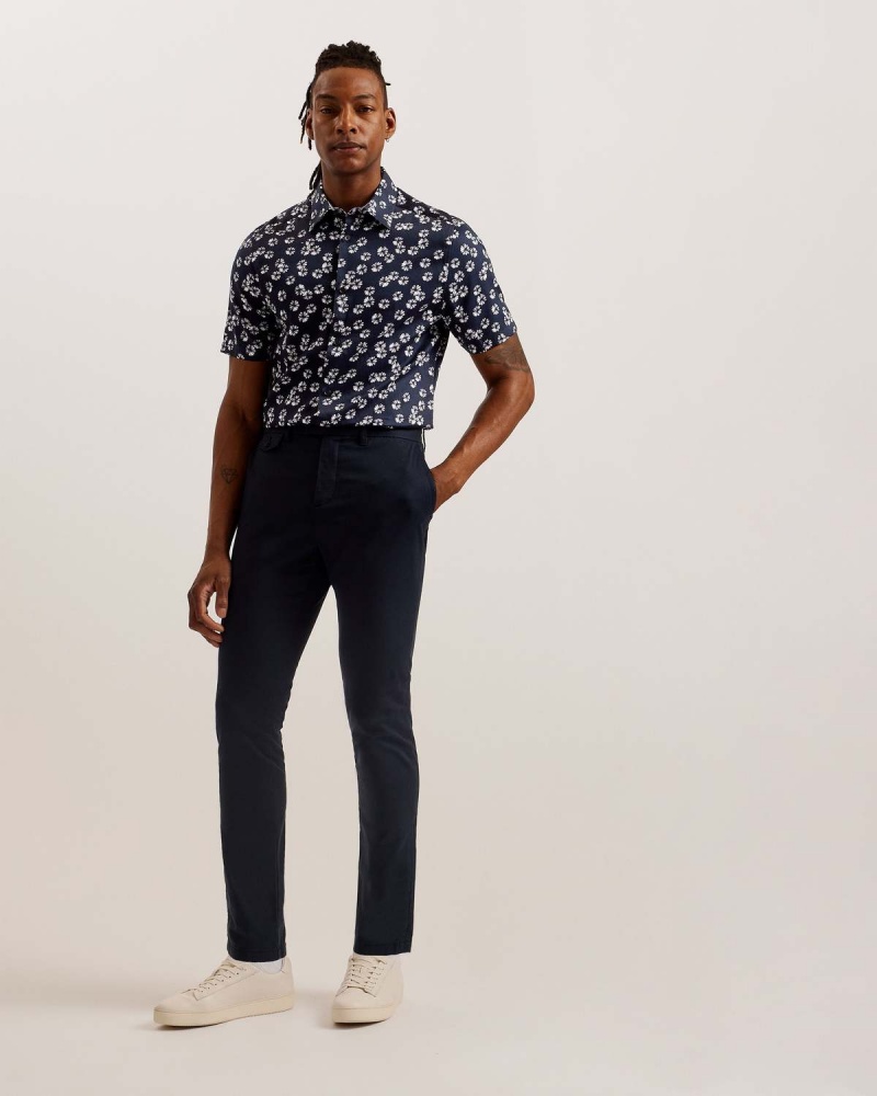 Ted Baker ALFANSO SS Bawełniane Floral Shirt Granatowe | 50AQOUJEM