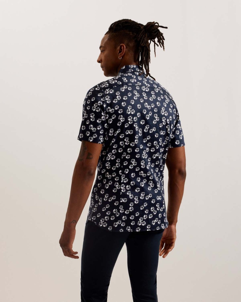 Ted Baker ALFANSO SS Bawełniane Floral Shirt Granatowe | 50AQOUJEM