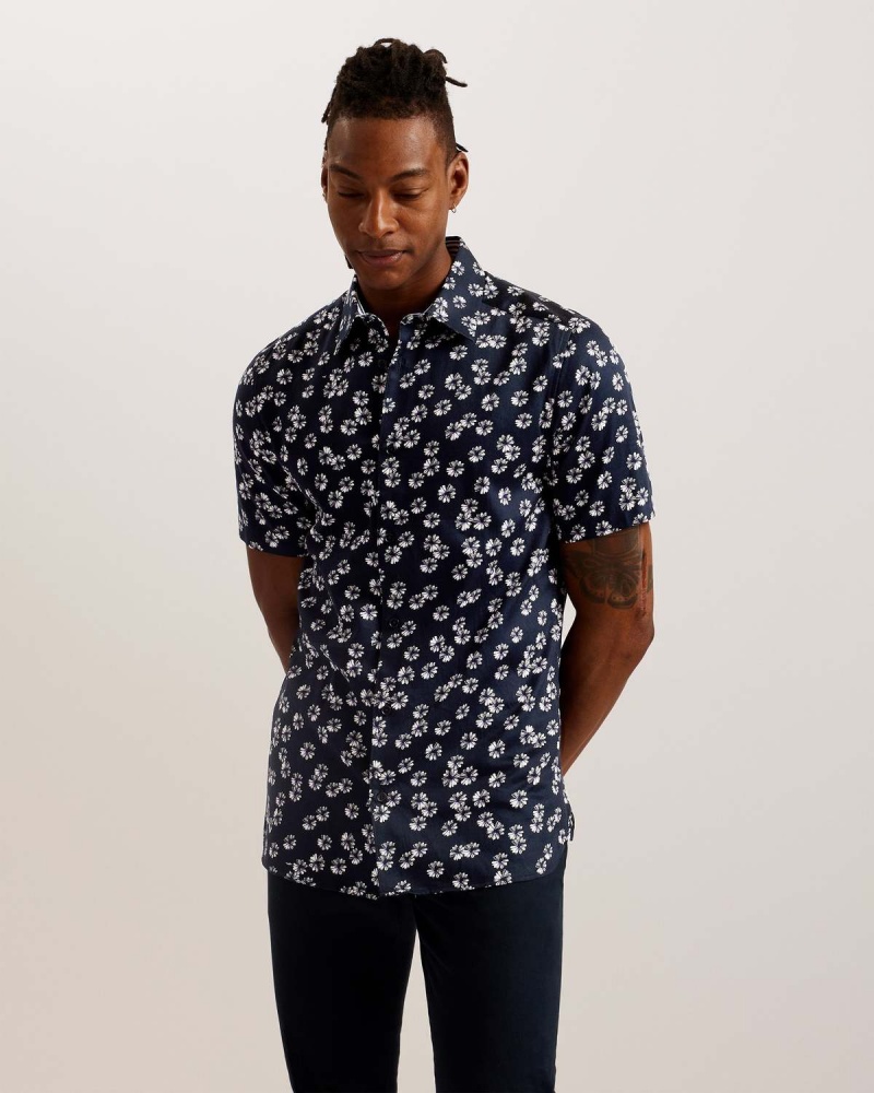 Ted Baker ALFANSO SS Bawełniane Floral Shirt Granatowe | 50AQOUJEM