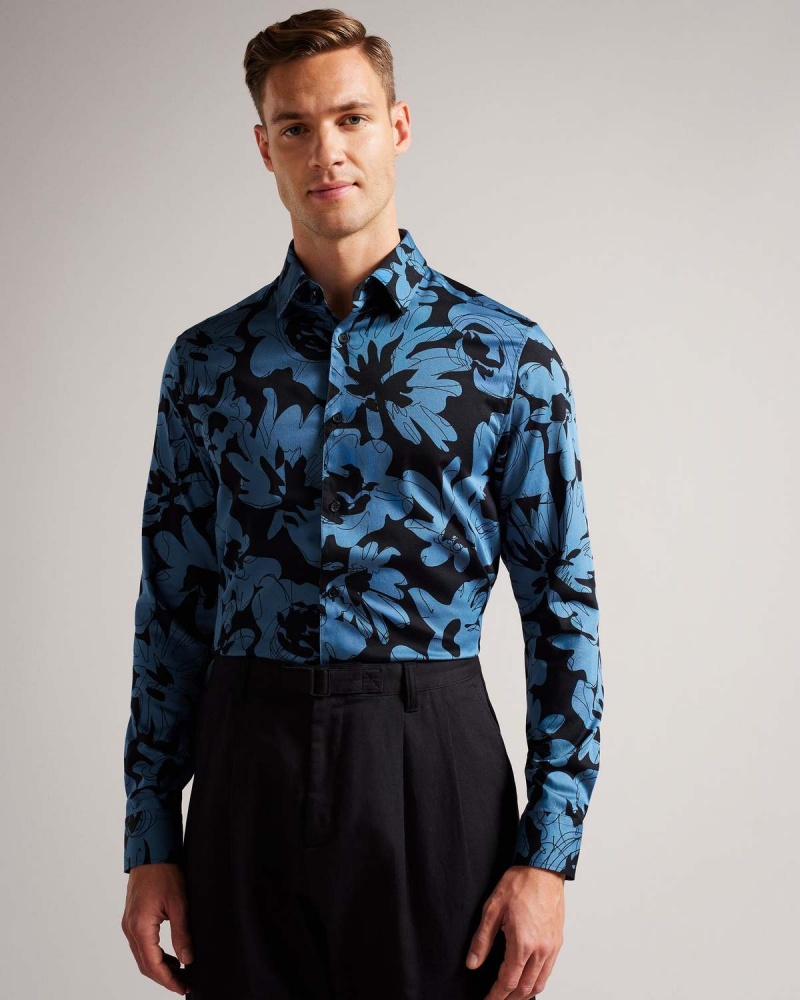 Ted Baker ALTLO LS Floral Print Shirt Mid-blue | 36BJKRLUD