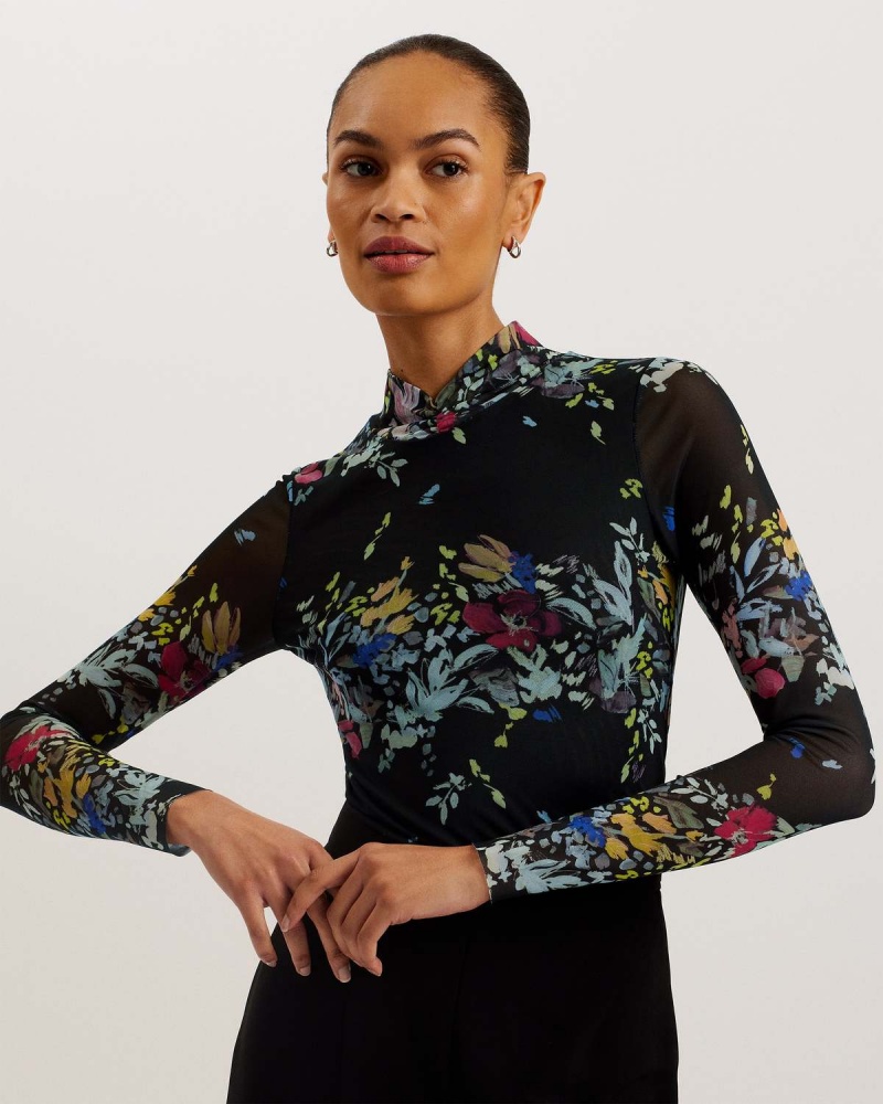 Ted Baker AMANDHA Printed Mesh Long Sleeve Top Czarne | 82YZNCUHS