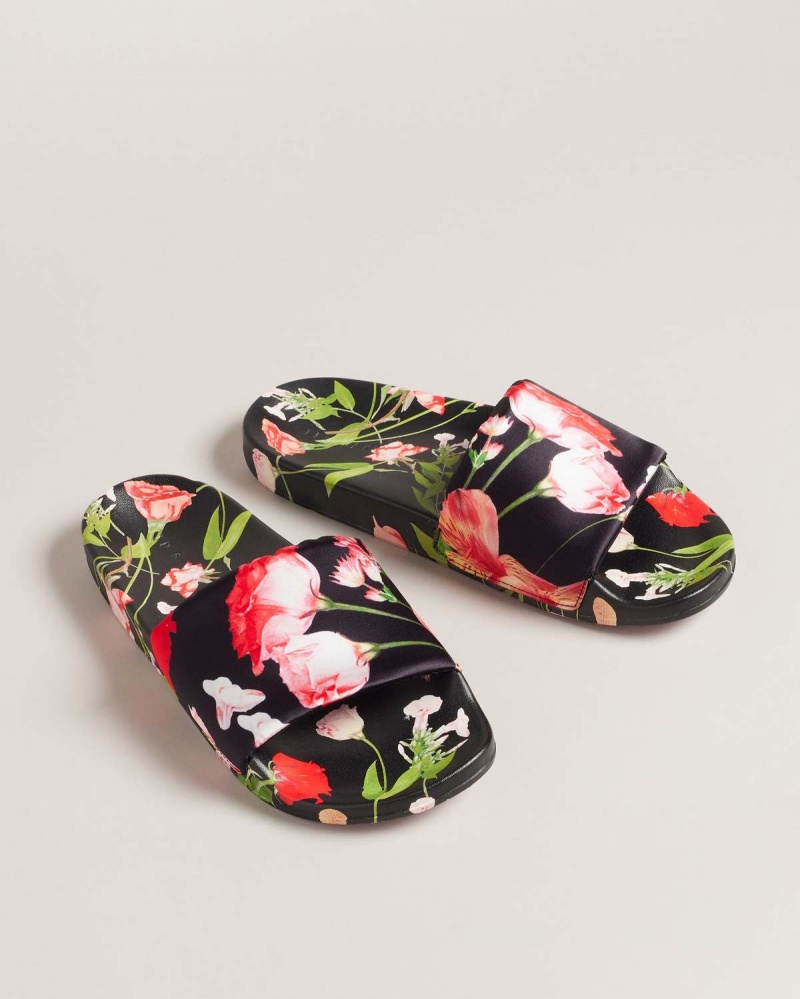 Ted Baker ASELA Floral Printed Pool Slider Czarne | 04FINQTLJ