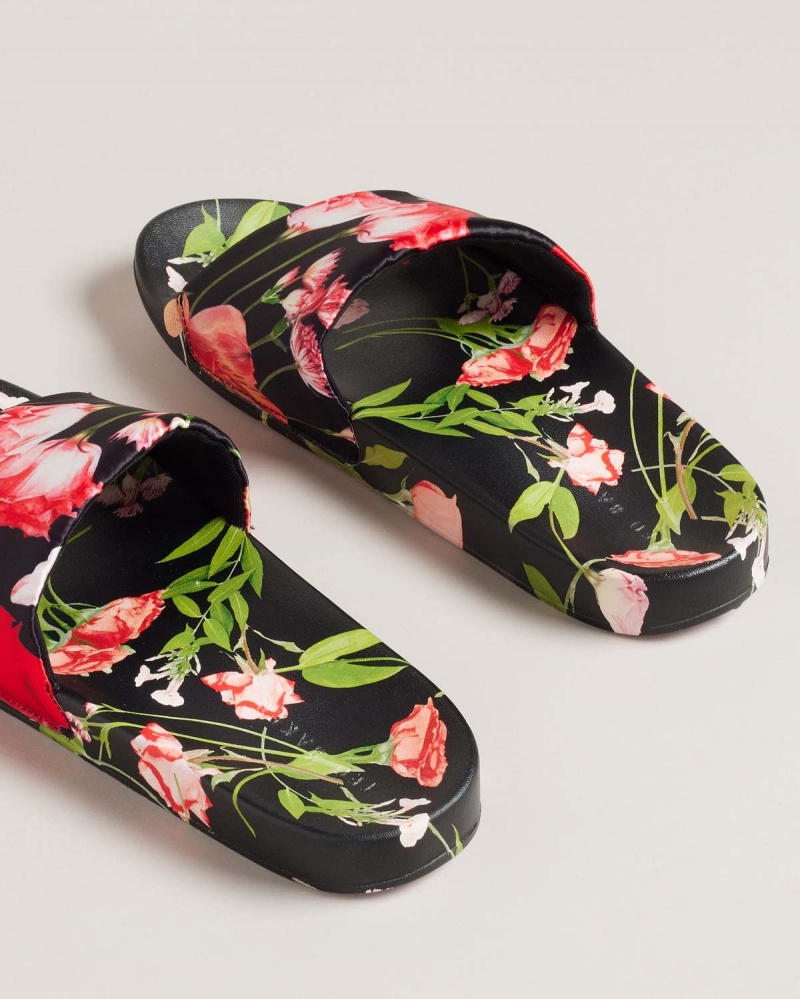 Ted Baker ASELA Floral Printed Pool Slider Czarne | 04FINQTLJ