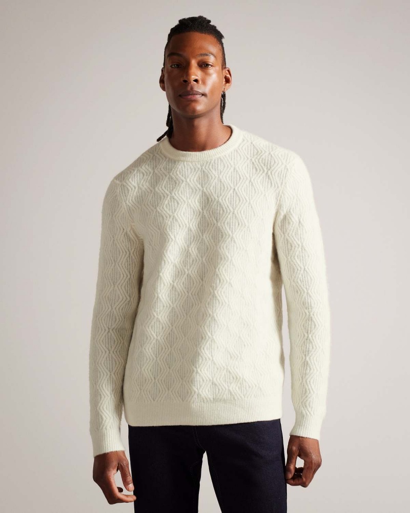 Ted Baker ATCHET LS Textured Cable Crew Neck Ecru | 89RFYVLOH