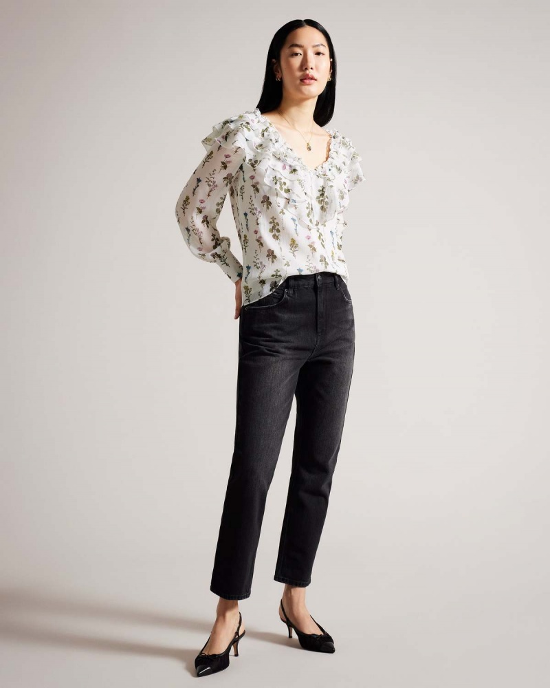 Ted Baker AVAROSE Frilled V Neck Blouse with Long Sleeves Białe | 46LCDXGPR