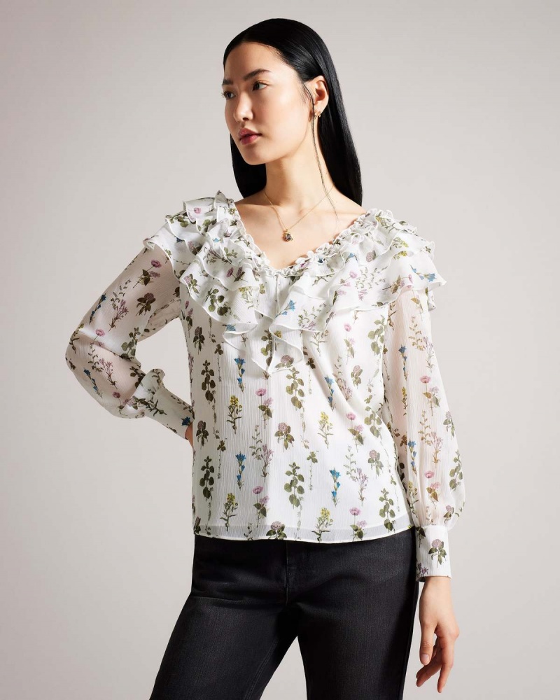 Ted Baker AVAROSE Frilled V Neck Blouse with Long Sleeves Białe | 46LCDXGPR