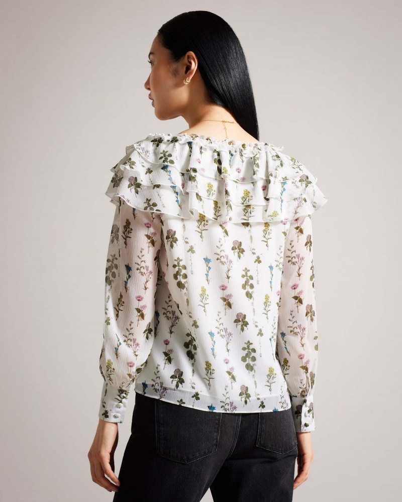 Ted Baker AVAROSE Frilled V Neck Blouse with Long Sleeves Białe | 46LCDXGPR