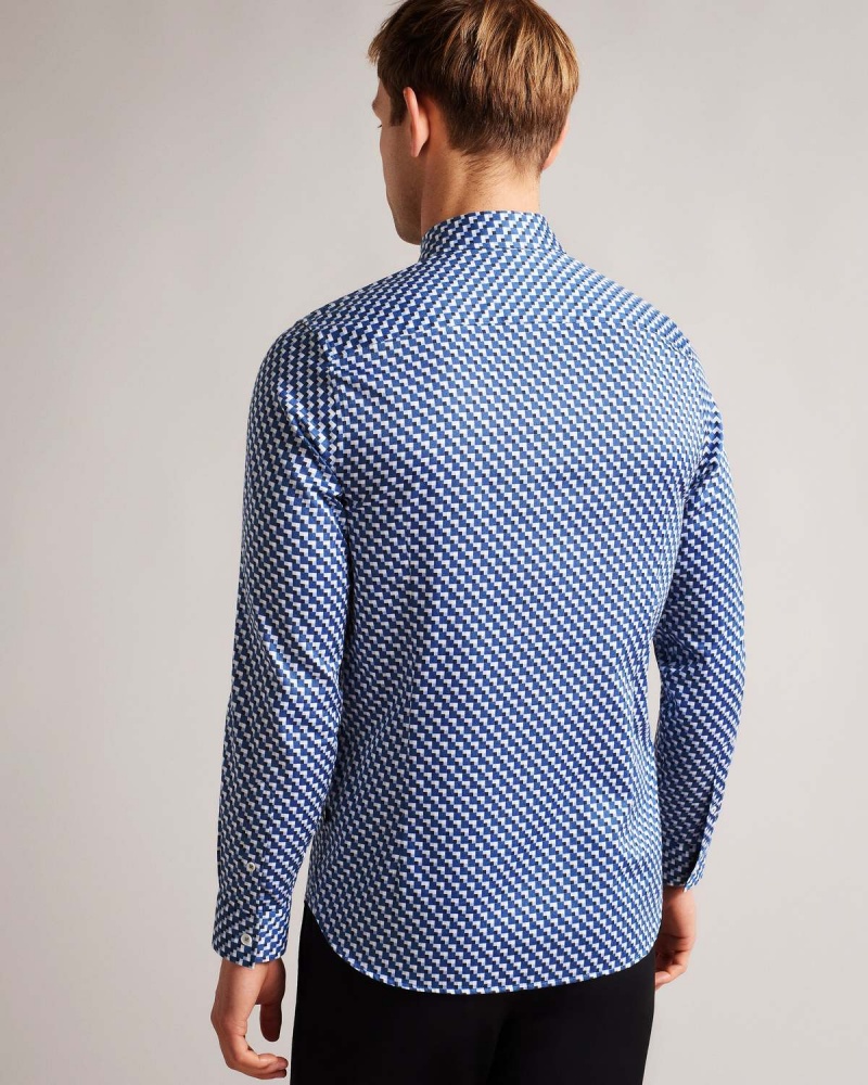 Ted Baker BARDER Long Sleeve Stretch Geo Shirt Dk-Blue | 20KEOGPZS