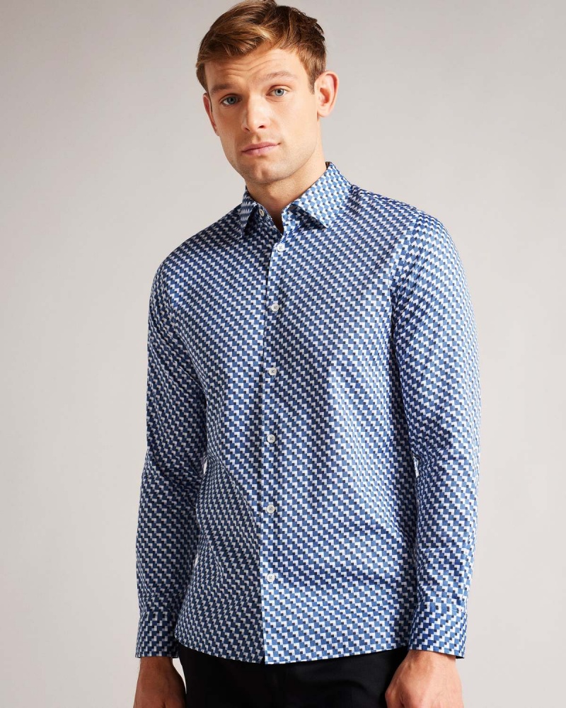 Ted Baker BARDER Long Sleeve Stretch Geo Shirt Dk-Blue | 20KEOGPZS