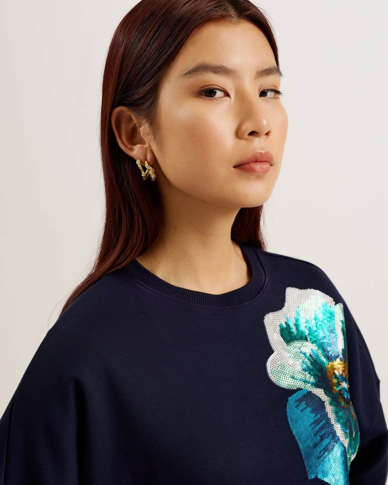 Ted Baker BAYLEYY Sequin Grafiką Sweat Granatowe | 40AQKSHCZ