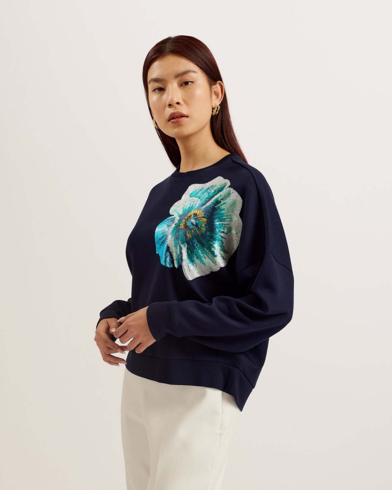 Ted Baker BAYLEYY Sequin Grafiką Sweat Granatowe | 40AQKSHCZ