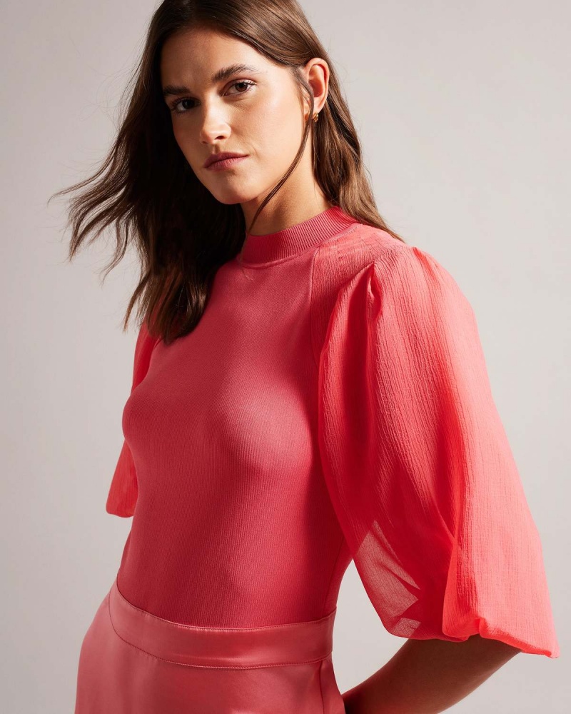 Ted Baker BRONTEI Puff Sleeve Fitted Bodice Midi Sukienki Lt-Pink | 45ILZWOVT