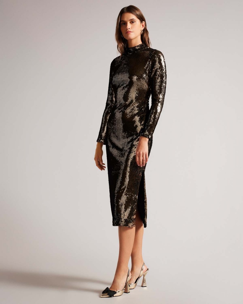 Ted Baker BROOKLY Sequin Tube Sukienki with Long Fitted Sleeve Brązowe | 41YKORZLM