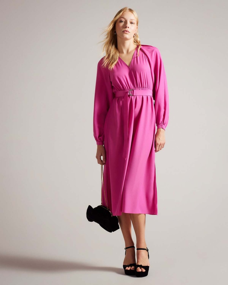 Ted Baker COMUS Midi Shirt Sukienki with Gathered Neck Brt-pink | 41DQTNCJG