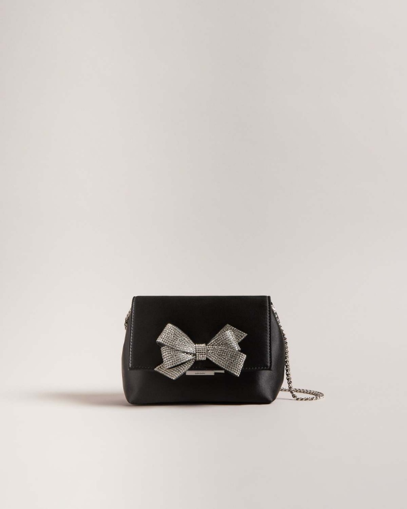 Ted Baker CRYSTIY Satin Shoulder Bag With Crystal Bow Czarne | 40HAJKDQZ