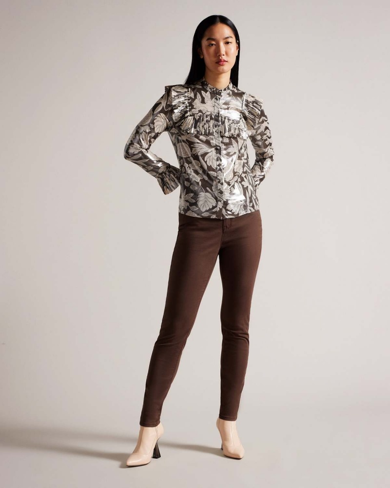 Ted Baker DOTTIAH Blouse with Ruffle Bib Detail Dk-brown | 87KIMYWCZ