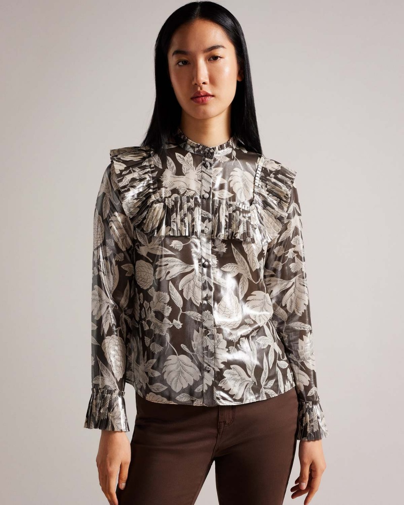 Ted Baker DOTTIAH Blouse with Ruffle Bib Detail Dk-brown | 87KIMYWCZ