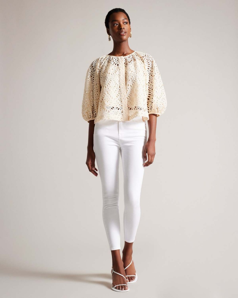 Ted Baker ELARAA Crochet Puff Sleeve Blouse Białe | 92WZSPGCB