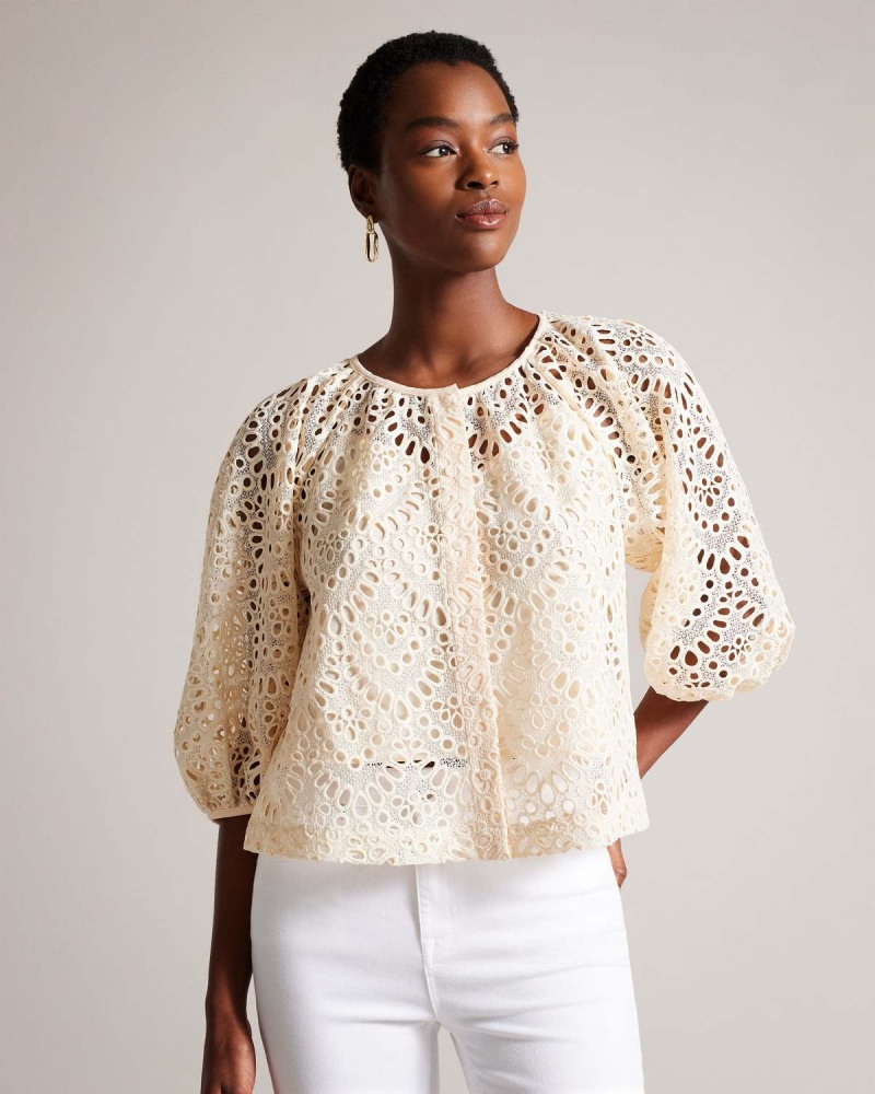 Ted Baker ELARAA Crochet Puff Sleeve Blouse Białe | 92WZSPGCB