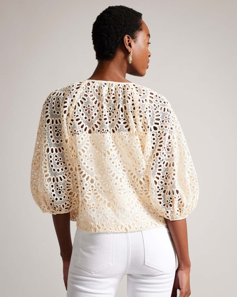 Ted Baker ELARAA Crochet Puff Sleeve Blouse Białe | 92WZSPGCB