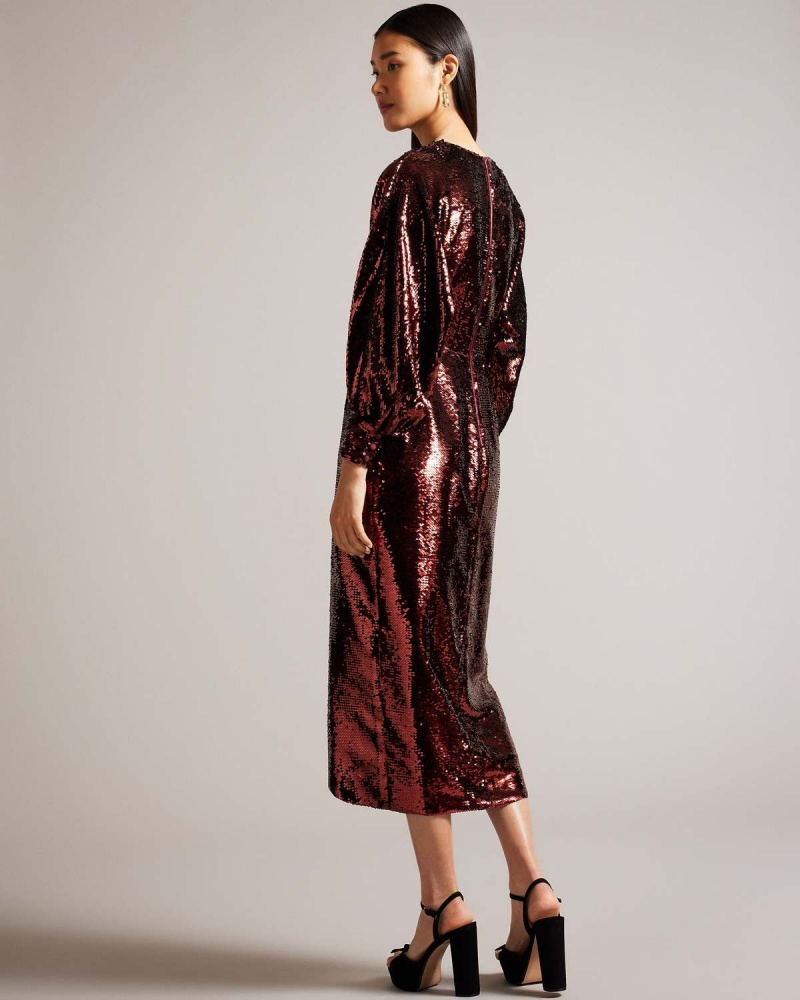 Ted Baker EMALEEE Plunge Neck Sequin Midi Sukienki Wine | 38JZOQLMN