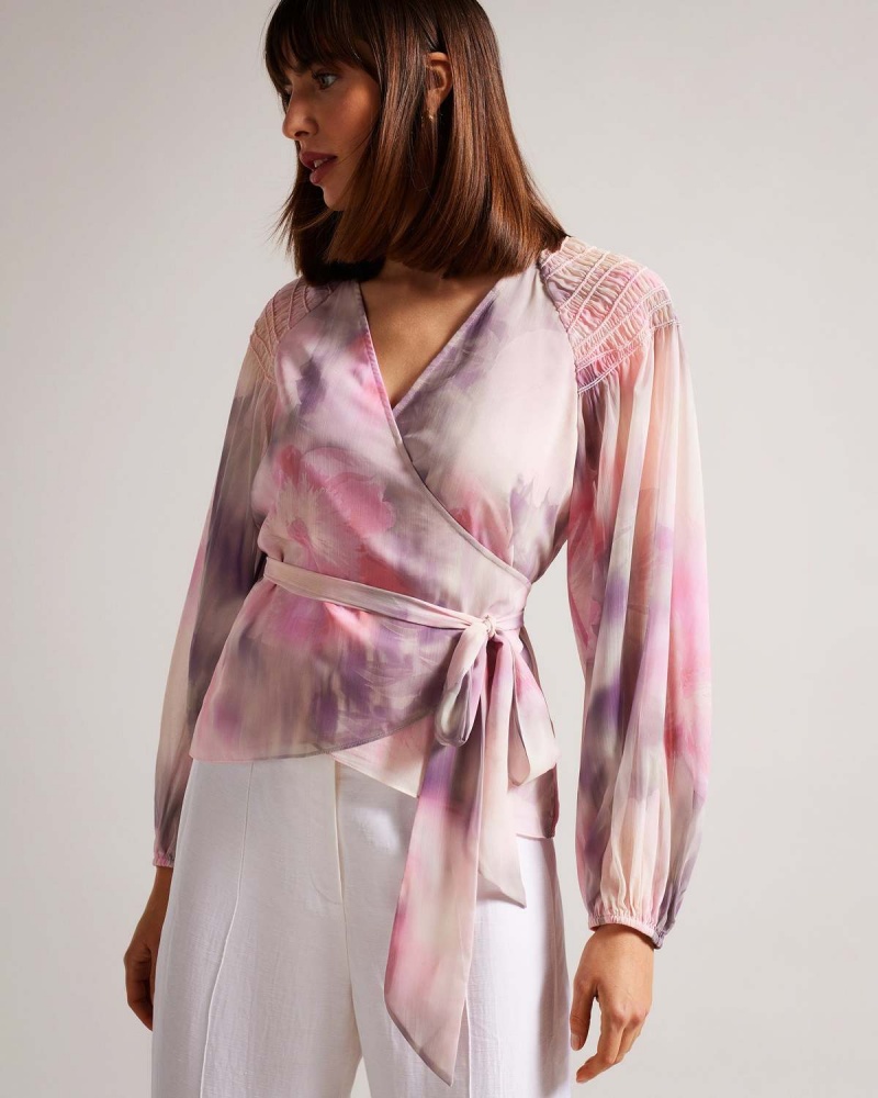 Ted Baker EMILIAH Wrap Blouse with Smocked Shoulder Koralowe | 70EAOYPTJ