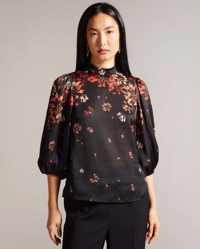 Ted Baker ERANTHE High Neck Balloon Sleeve Blouse Czarne | 64YACUHZX