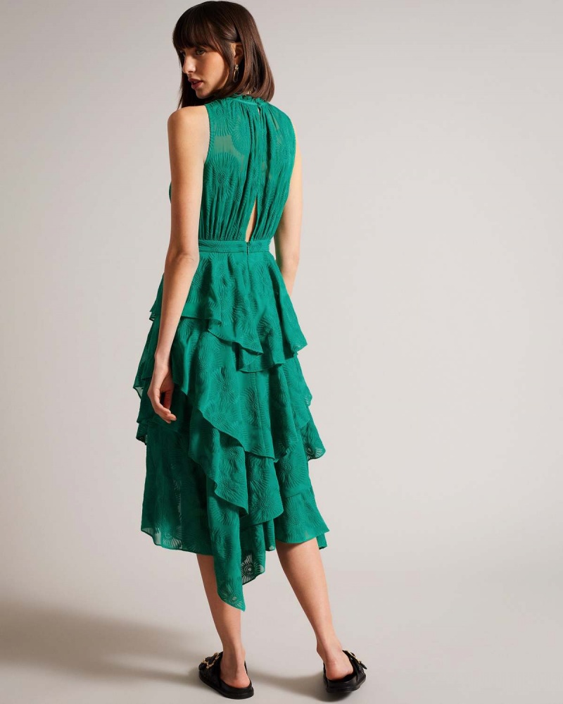 Ted Baker FLORYAH Embroidered Midi Sukienki with Tiered Skirt Zielone | 50TOMAEQD