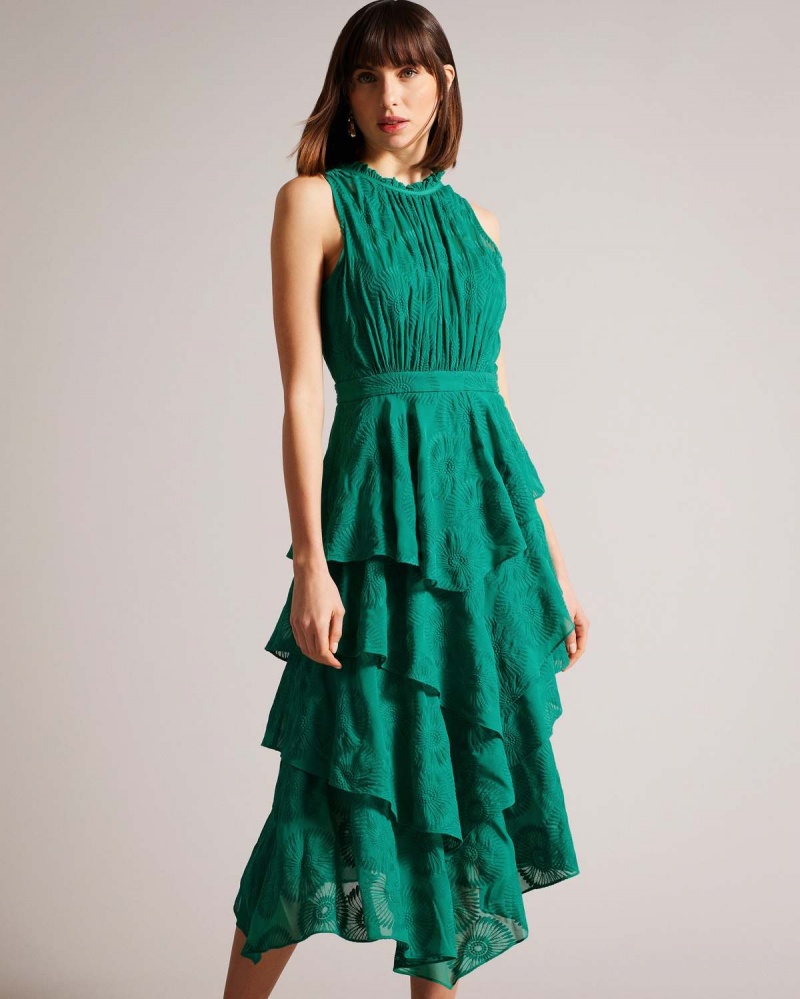 Ted Baker FLORYAH Embroidered Midi Sukienki with Tiered Skirt Zielone | 50TOMAEQD