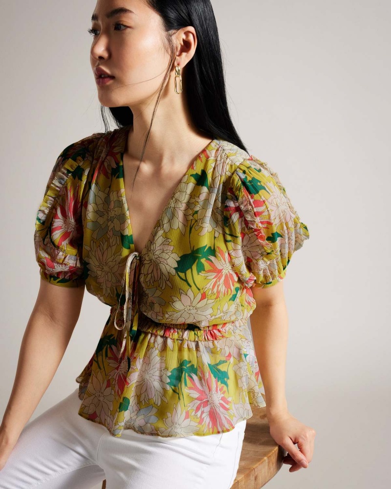 Ted Baker GABBYIE Puff Sleeve Top with Ruffle Detailing Mid-yell | 51UOZDNYX