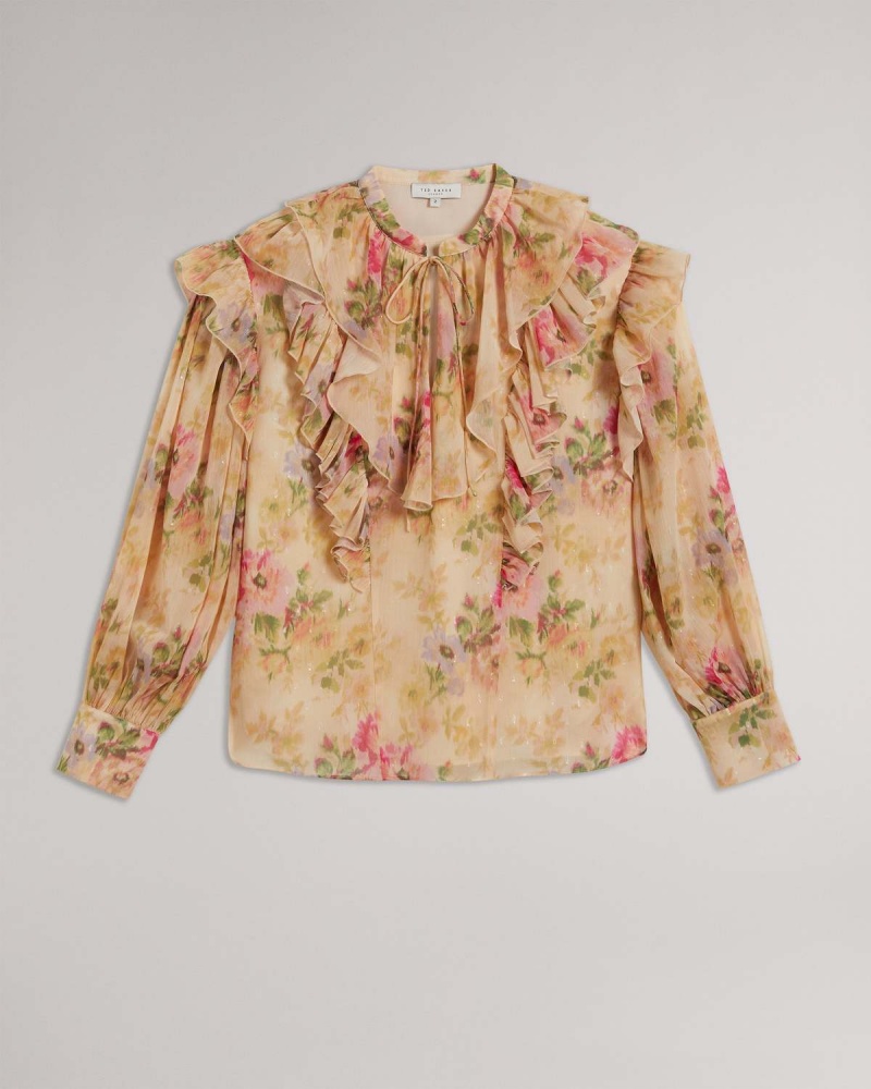 Ted Baker HELENOH Ruffle Detail Shirt with Neck Tie Tan | 41ZWALCNH